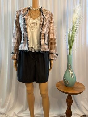 Vintage 90s Earl Rutenberg 100% Silk Tweed Cropped Blazer Multicolor Fringe - M